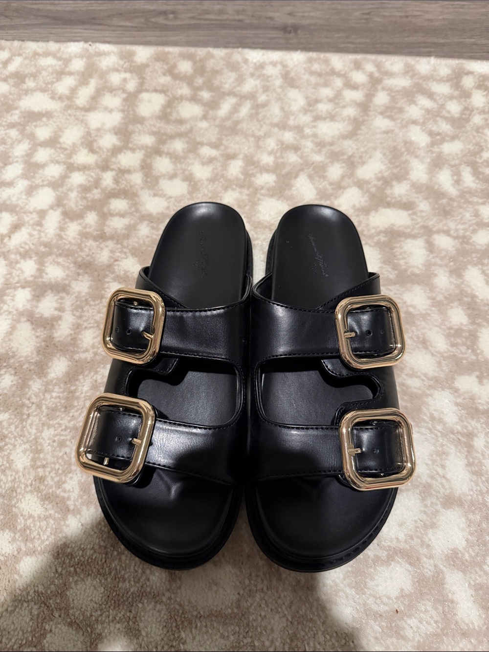 Universal Thread Black Double-Strap Slide Sandals with Gold Buckles